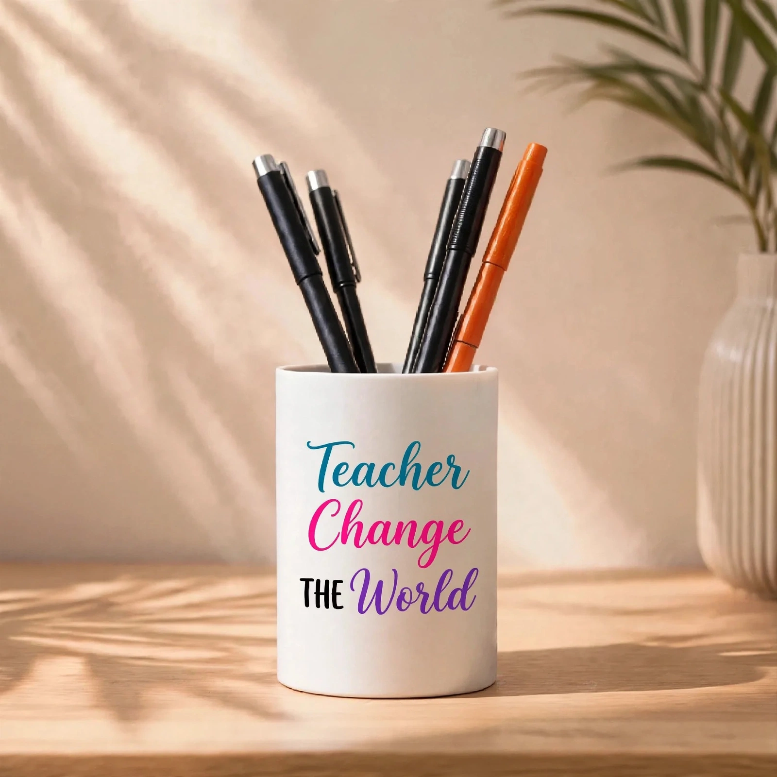Teacher Change The World Ceramic Pen Stand | Teacher's Day Gift Desk Organizer