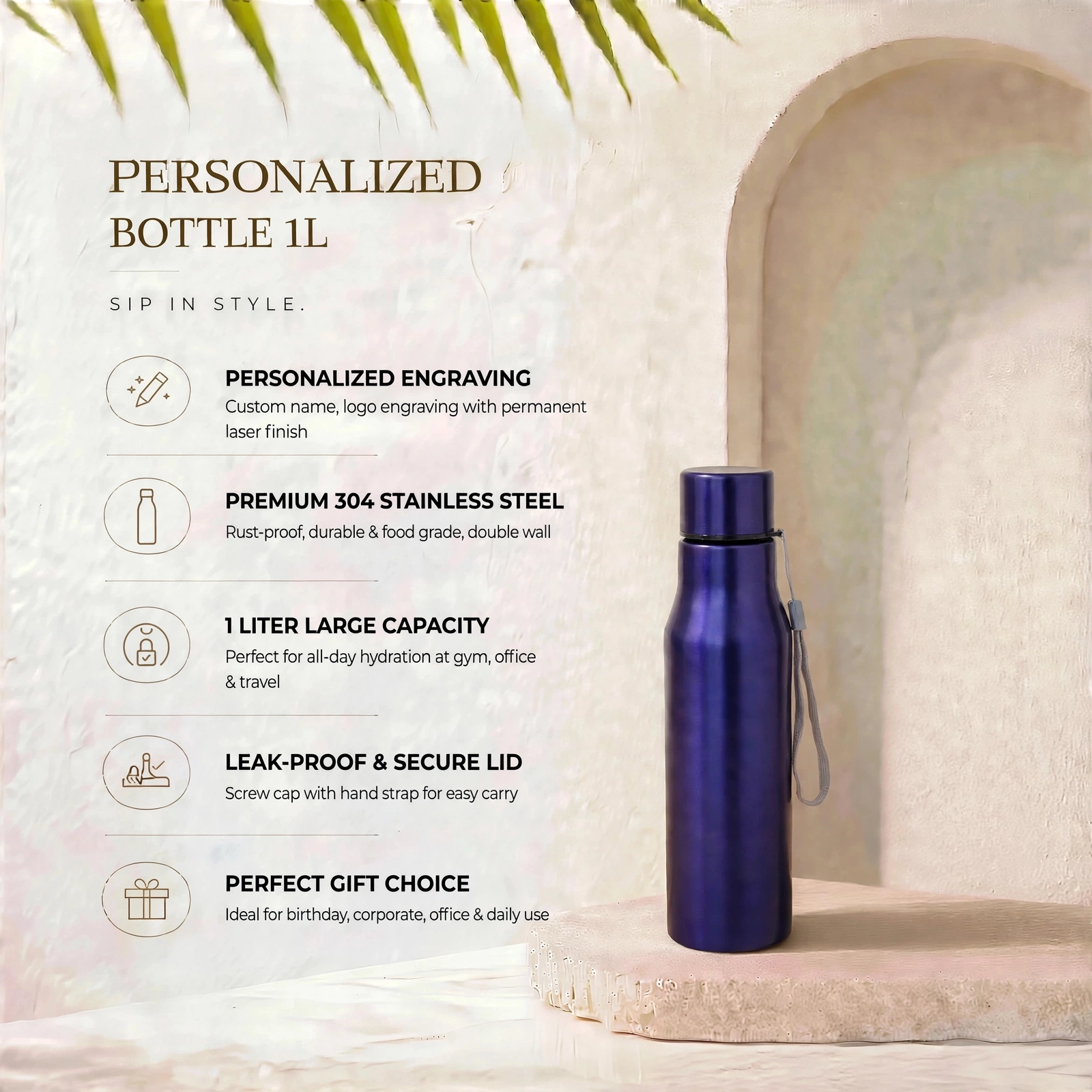 Personalized Bottle 1L With Laser Engraving - Premium 304 Stainless Steel Bottle Set With Lanyard - Image 3