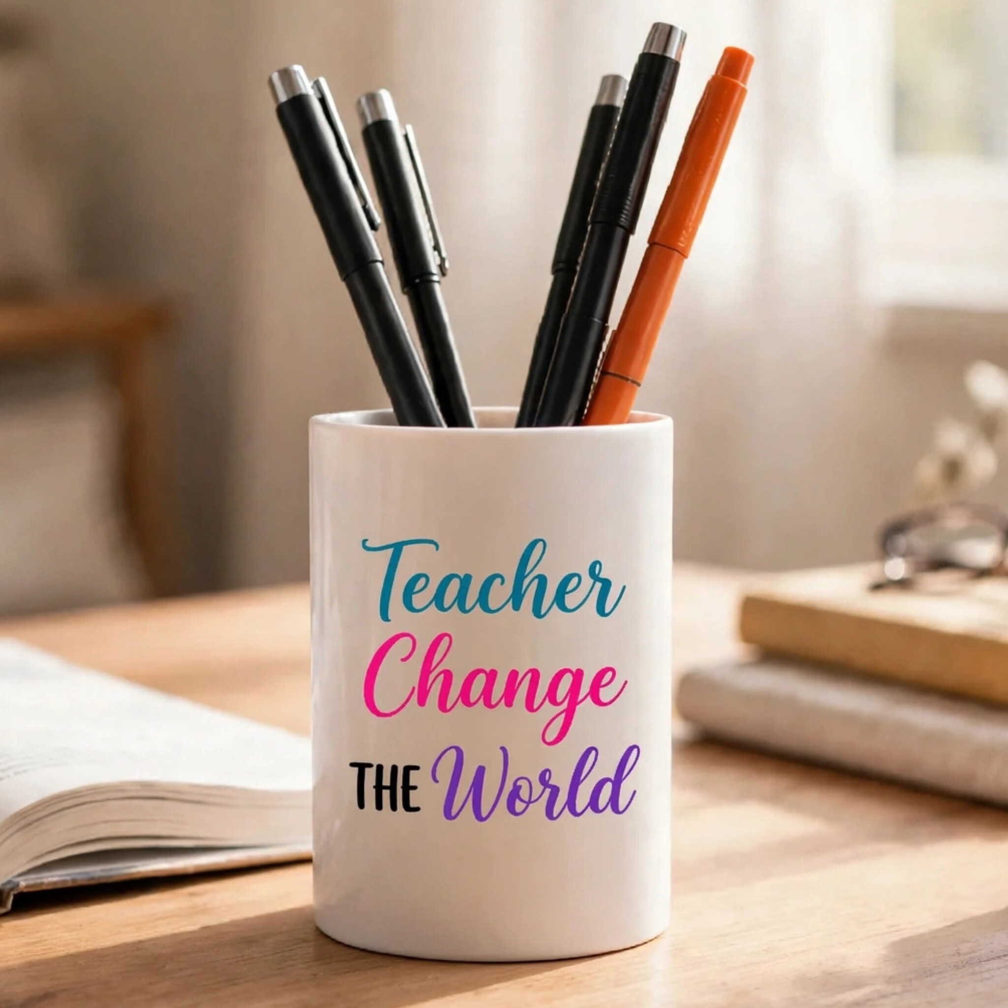 Teacher Change The World Ceramic Pen Stand | Teacher's Day Gift Desk Organizer - Image 4