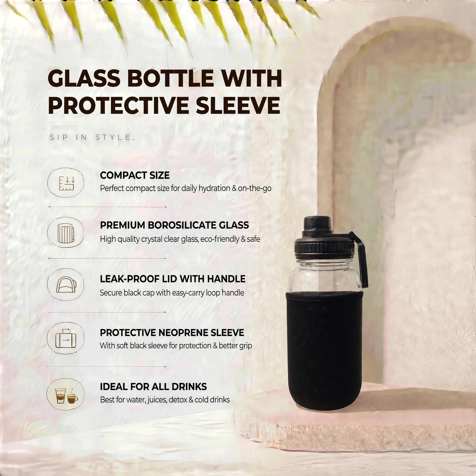 Transparent Glass Tumbler With Black Sipper Lid - Leak-Proof Portable Tumbler - Image 3