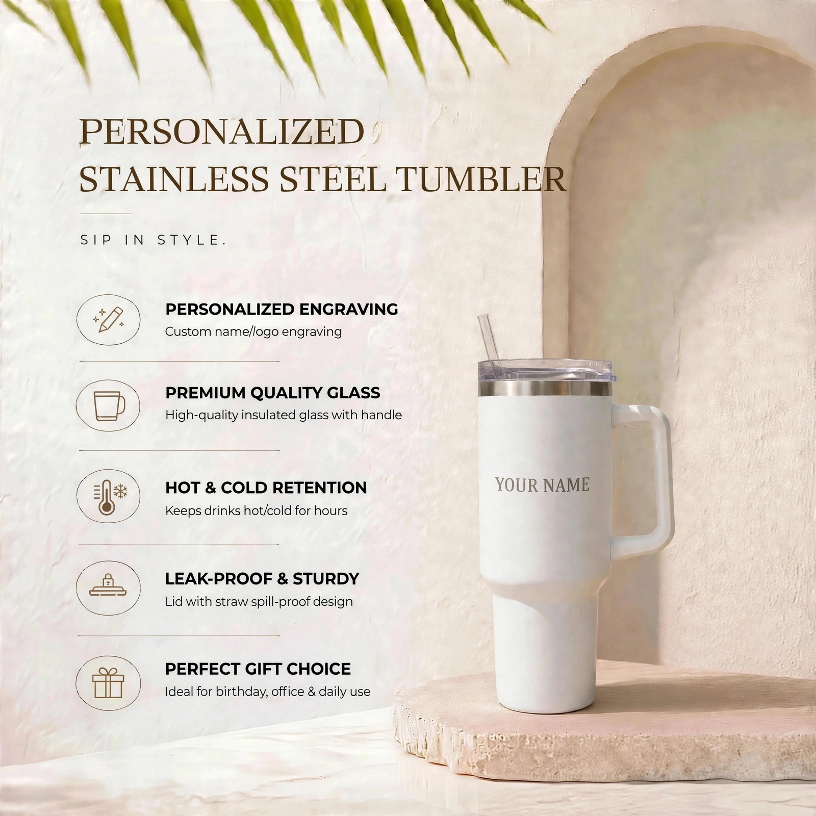 Personalized Stainless Steel Tumbler With Handle - Custom Name Logo Engraved Insulated Tumbler With Straw Set - Image 3