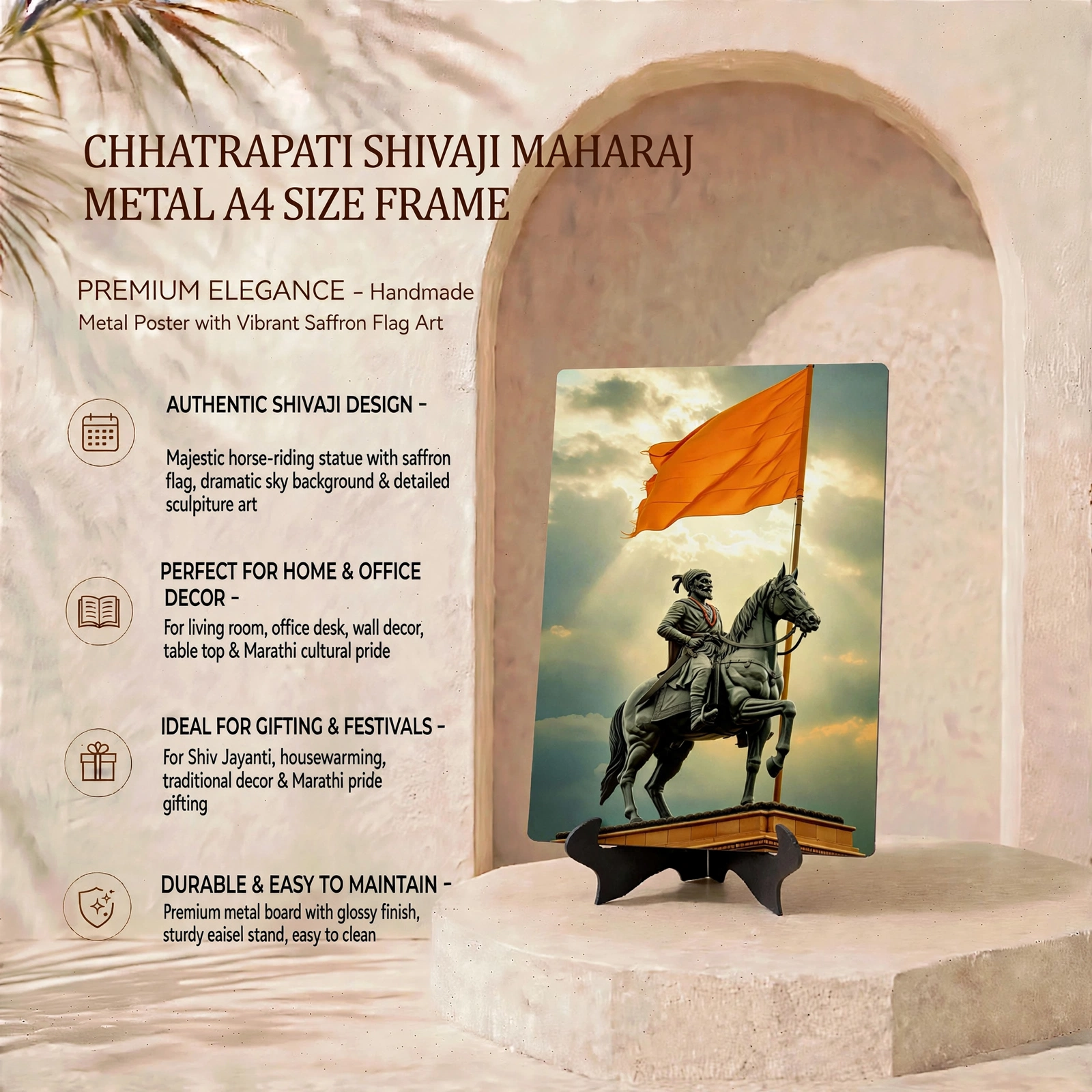 Metal A4 Size Frame - Chhatrapati Shivaji Maharaj Premium Metal A4 Size Poster With Horse Statue - Image 3