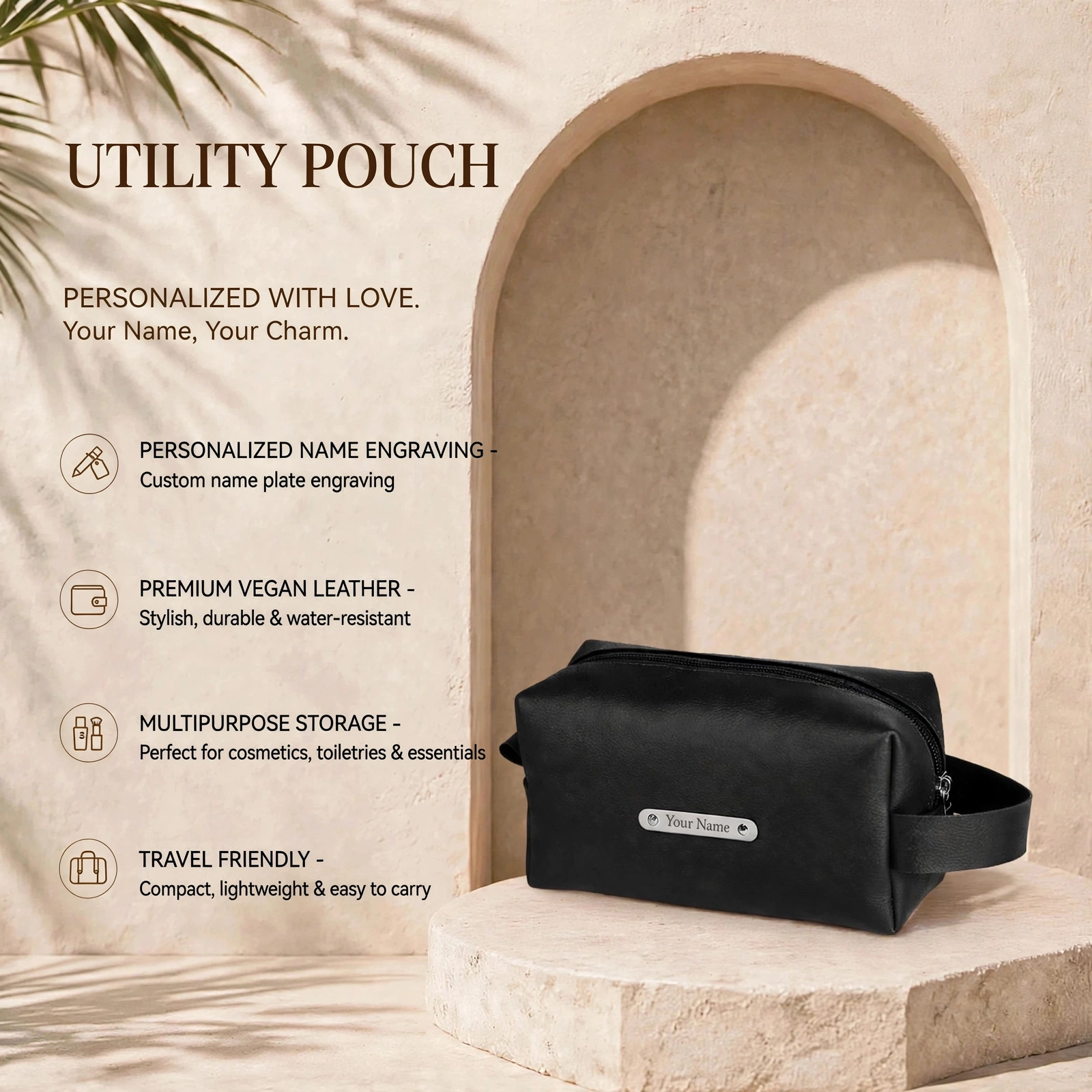 Utility Pouch - Personalized Premium Vegan Leather Pouch With Custom Name Plate - Image 3