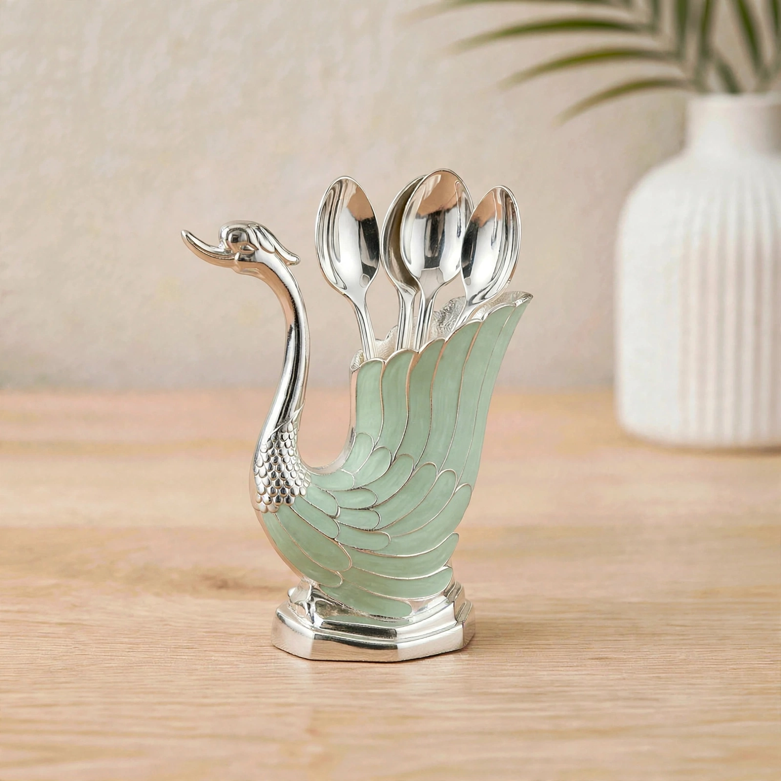 German Silver Swan Spoon Holder - Premium German Silver Finish Spoon Stand With 6 Spoons