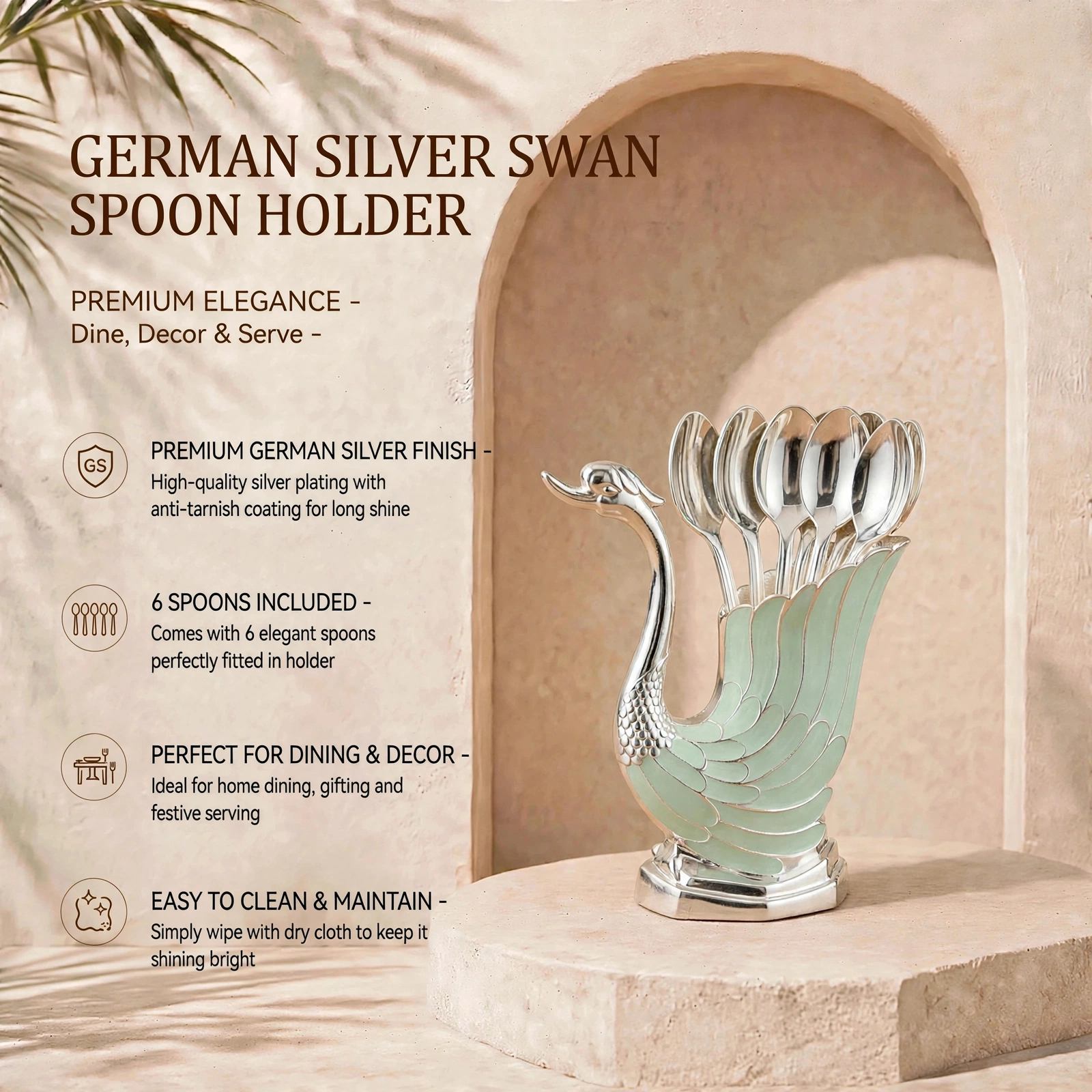 German Silver Swan Spoon Holder - Premium German Silver Finish Spoon Stand With 6 Spoons - Image 3