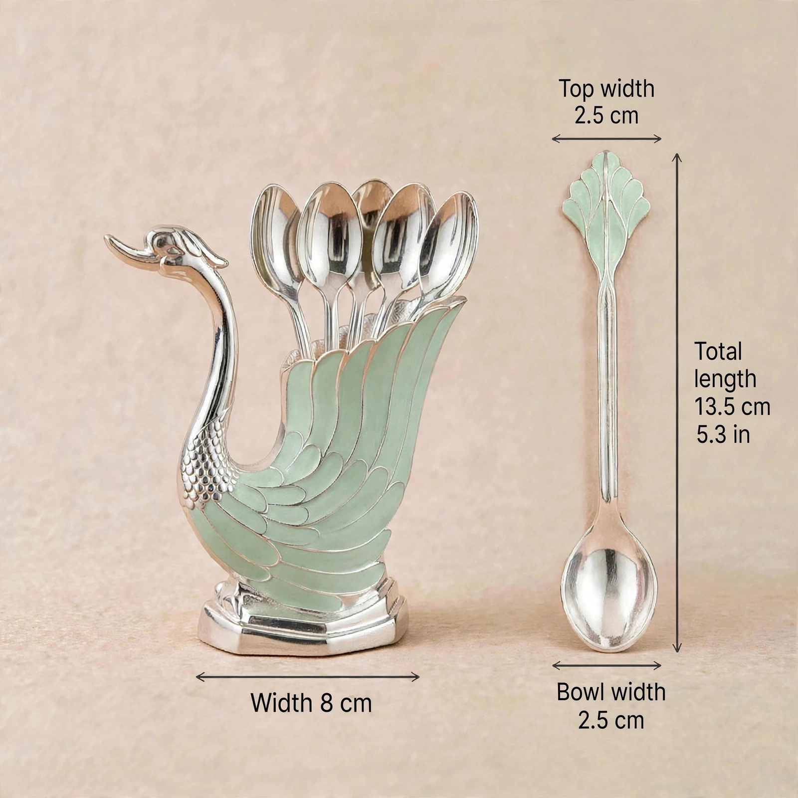 German Silver Swan Spoon Holder - Premium German Silver Finish Spoon Stand With 6 Spoons - Image 2