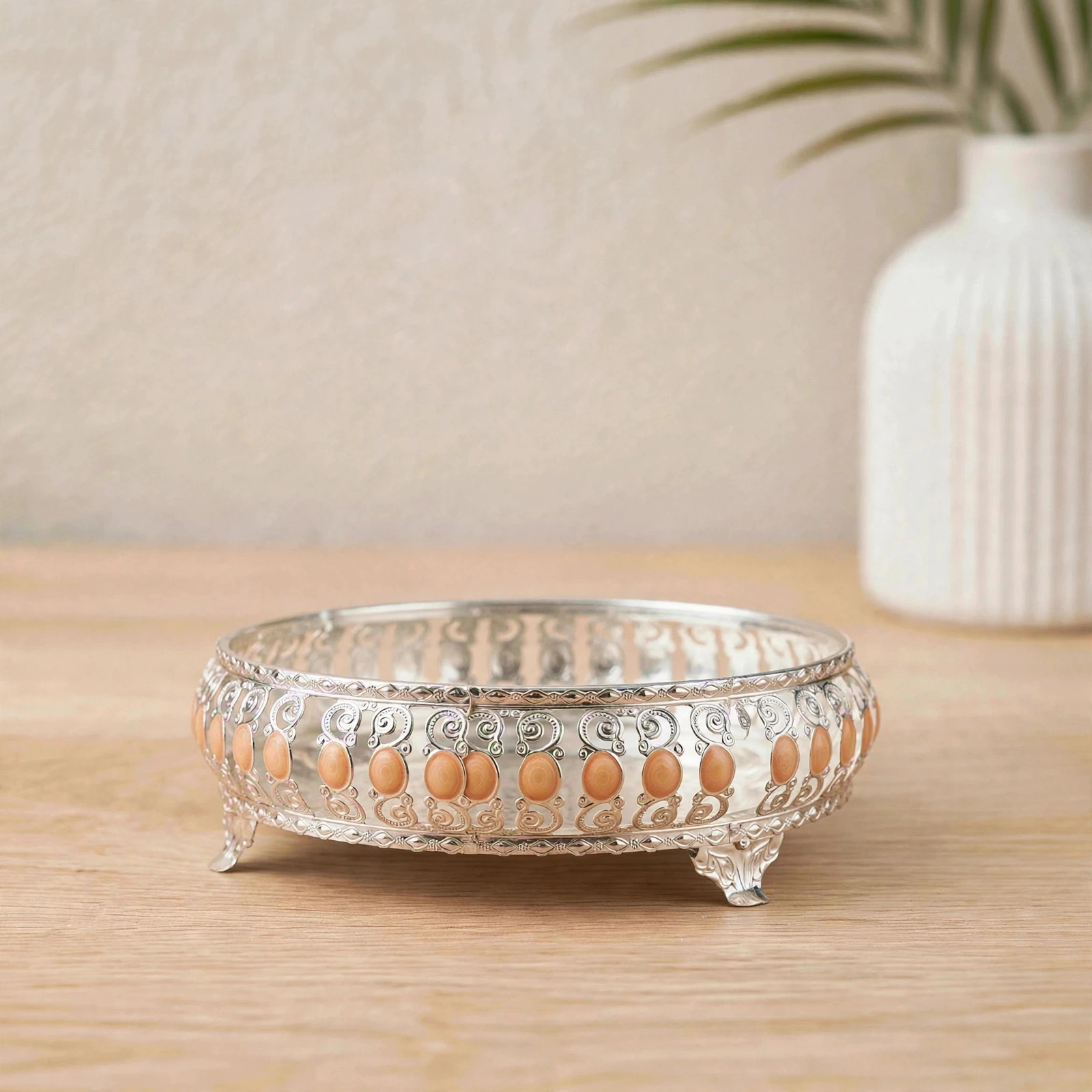 German Silver Product - Traditional German Silver Thali Tray With Designer Legs For Pooja & Bhog