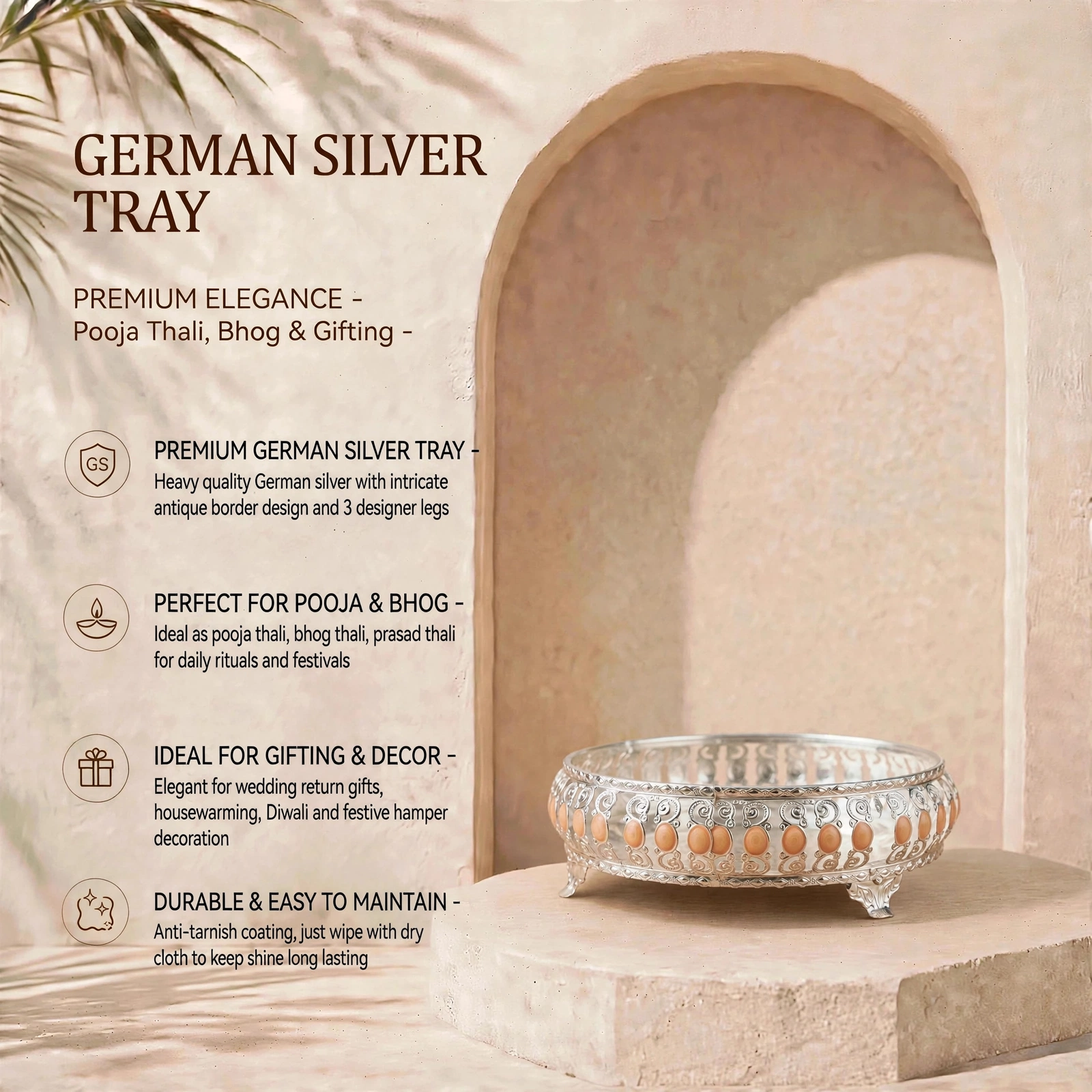 German Silver Product - Traditional German Silver Thali Tray With Designer Legs For Pooja & Bhog - Image 3