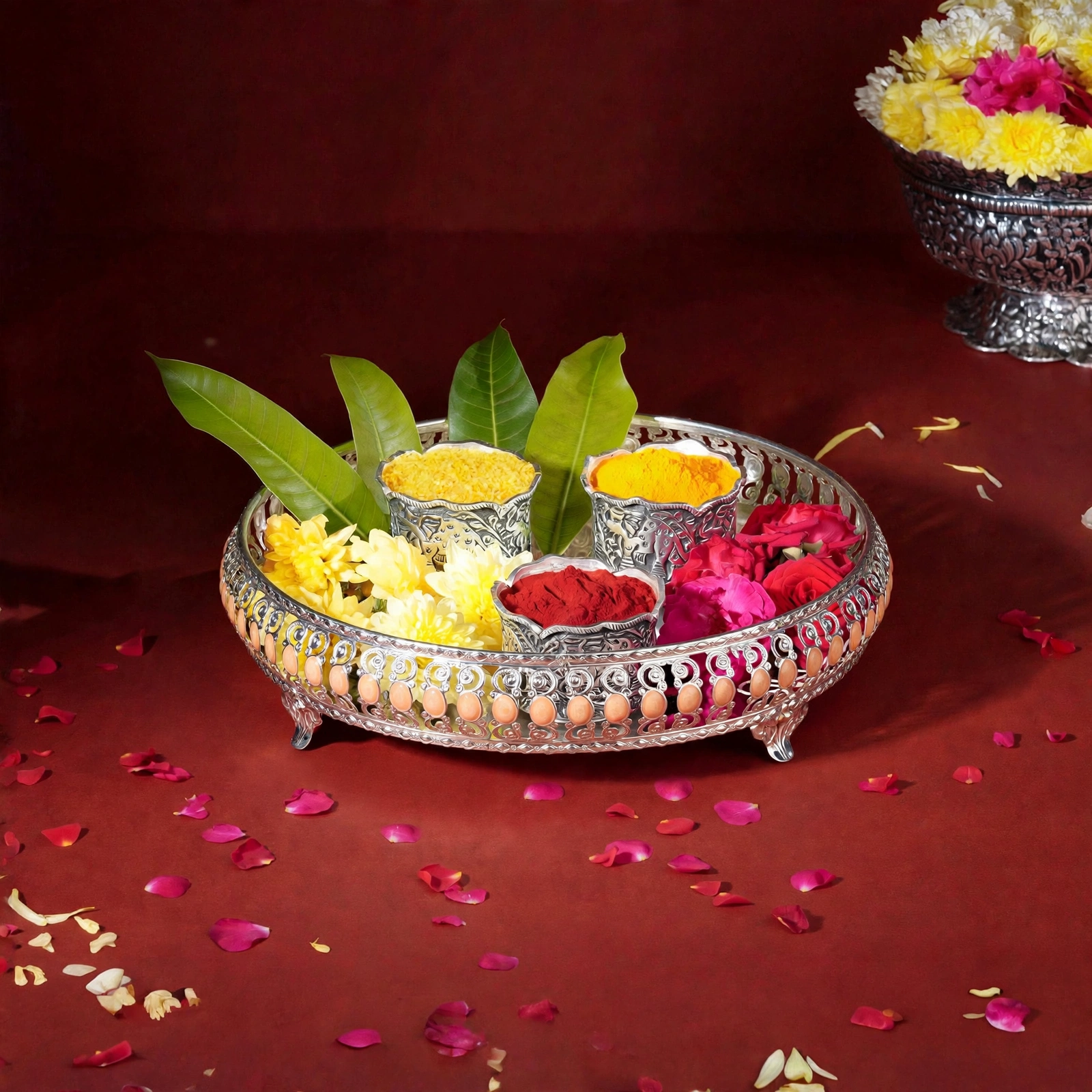 German Silver Product - Traditional German Silver Thali Tray With Designer Legs For Pooja & Bhog - Image 4