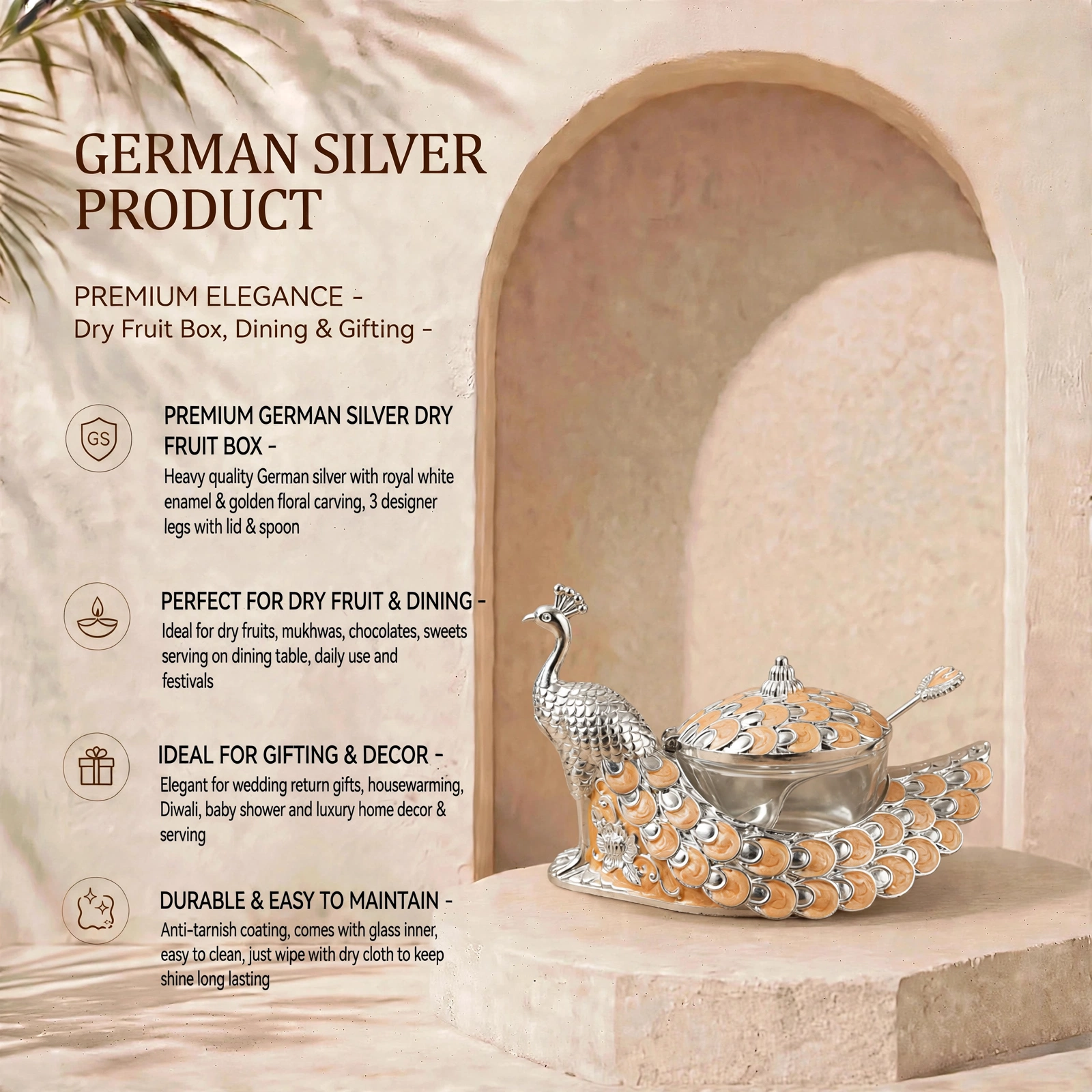 German Silver Product - Premium German Silver Royal Serving Bowl With Designer Legs - Image 3