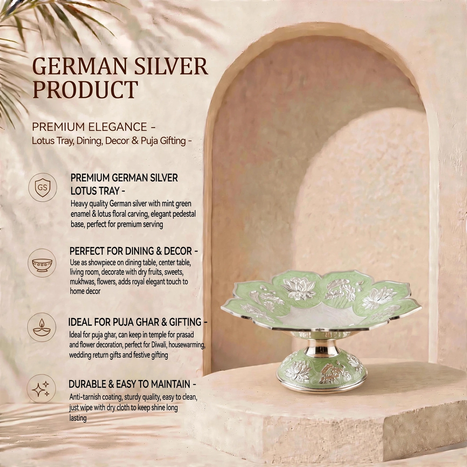 German Silver Product - Premium German Silver Lotus Tray With Pedestal Base - Image 3