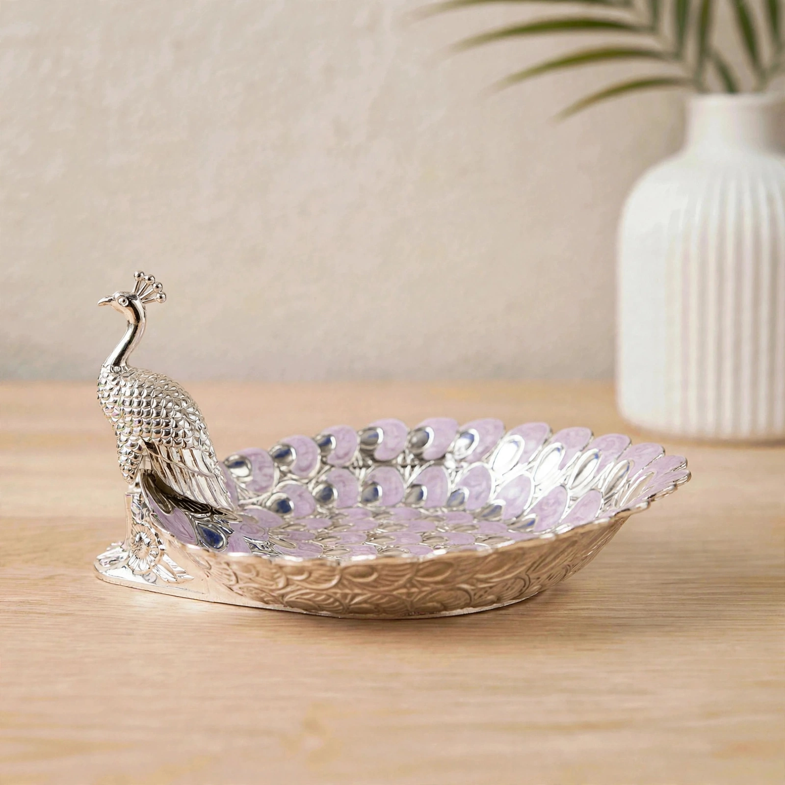 German Silver Peacock Tray - Premium German Silver Peacock Design Tray For Serving, Pooja & Gifting