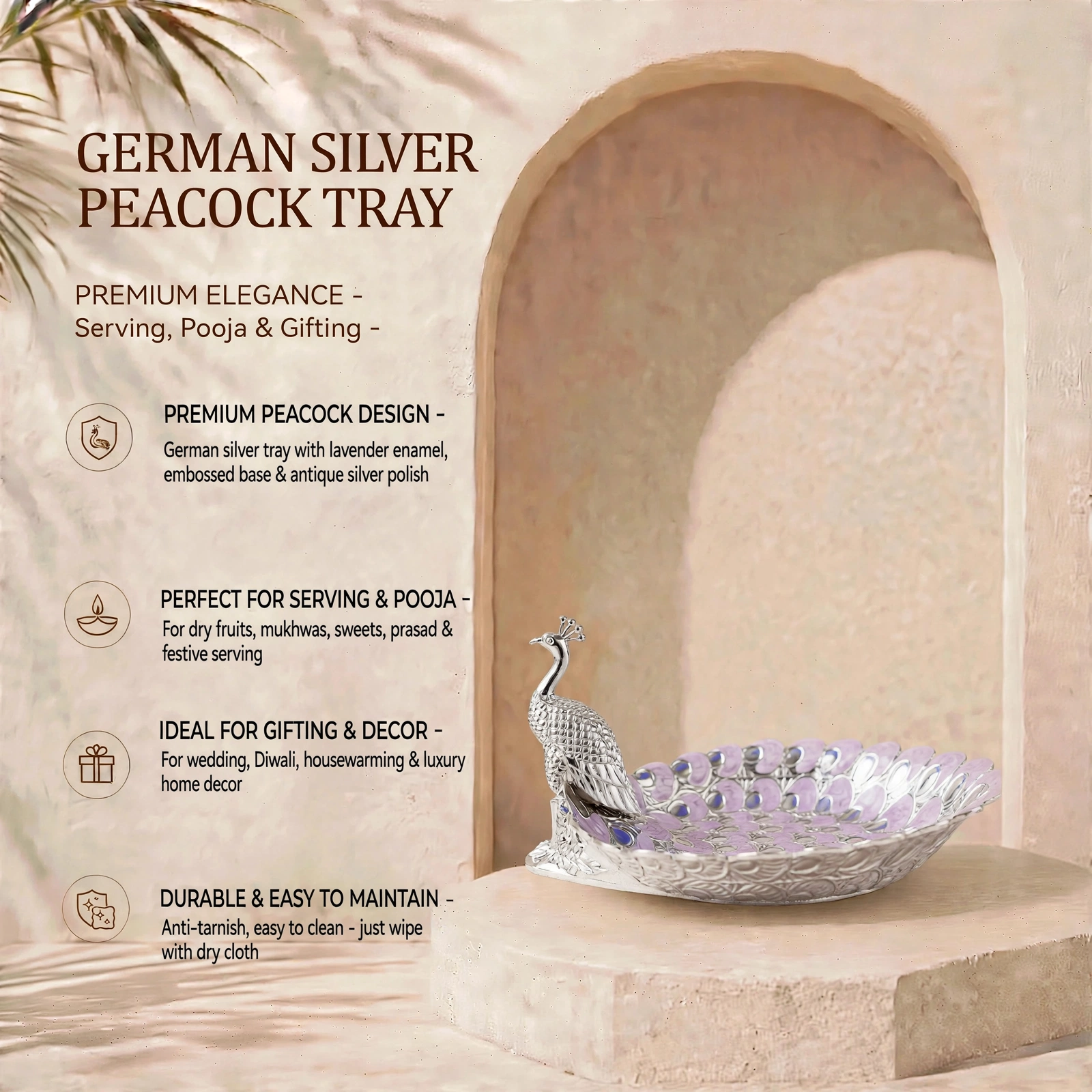 German Silver Peacock Tray - Premium German Silver Peacock Design Tray For Serving, Pooja & Gifting - Image 3