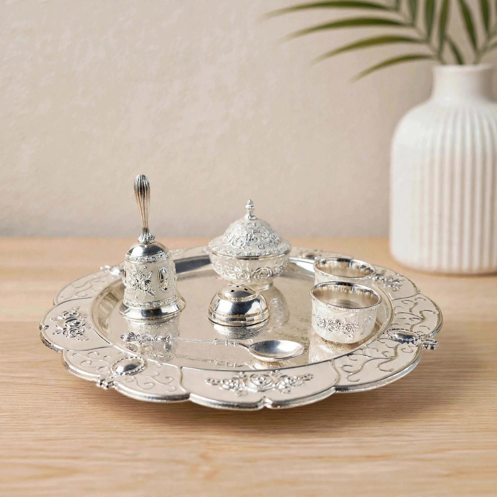 German Silver Pooja Thali Set - Premium German Silver Peacock & Floral Pooja Thali Set For Daily Pooja, Aarti & Festive Gifting