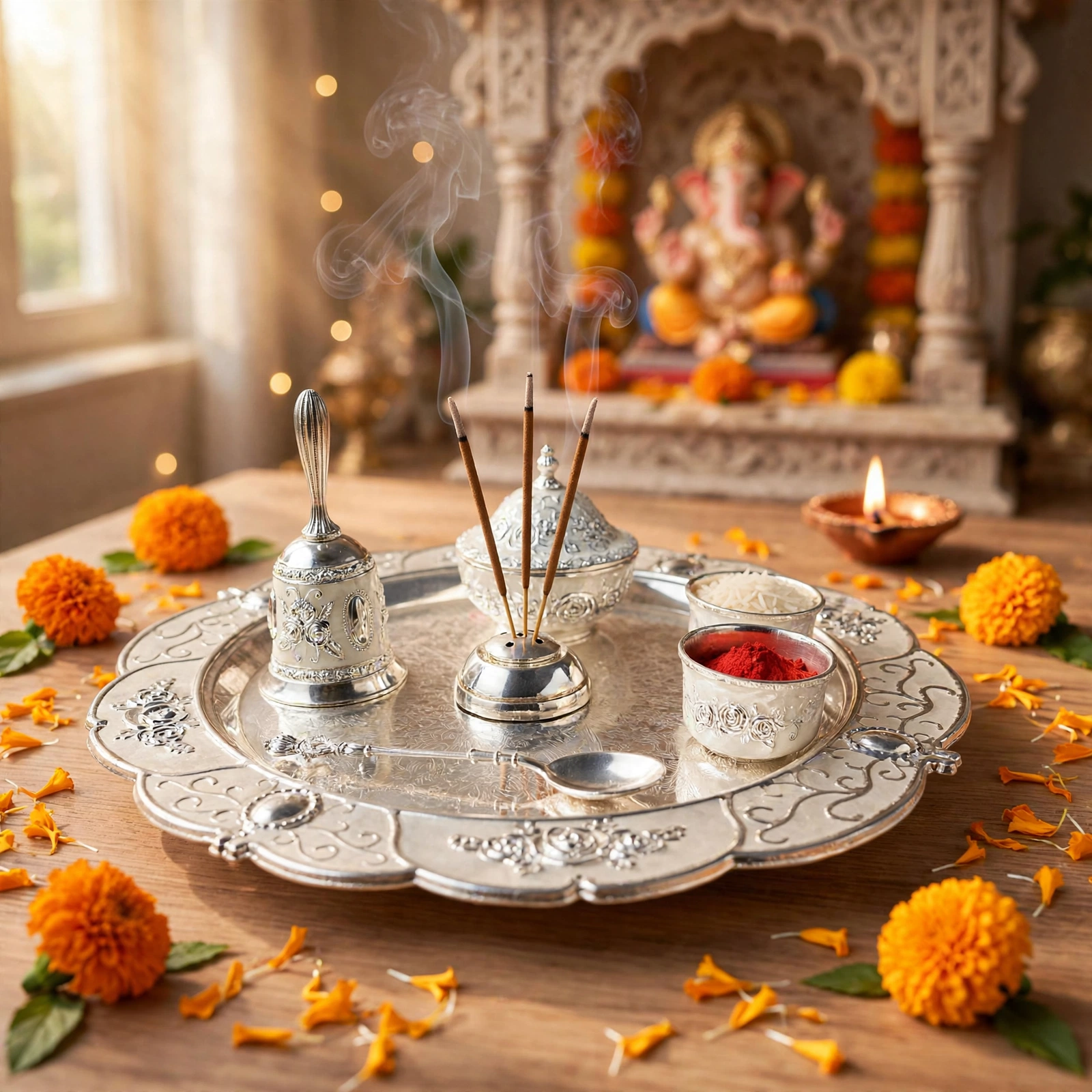 German Silver Pooja Thali Set - Premium German Silver Peacock & Floral Pooja Thali Set For Daily Pooja, Aarti & Festive Gifting - Image 4