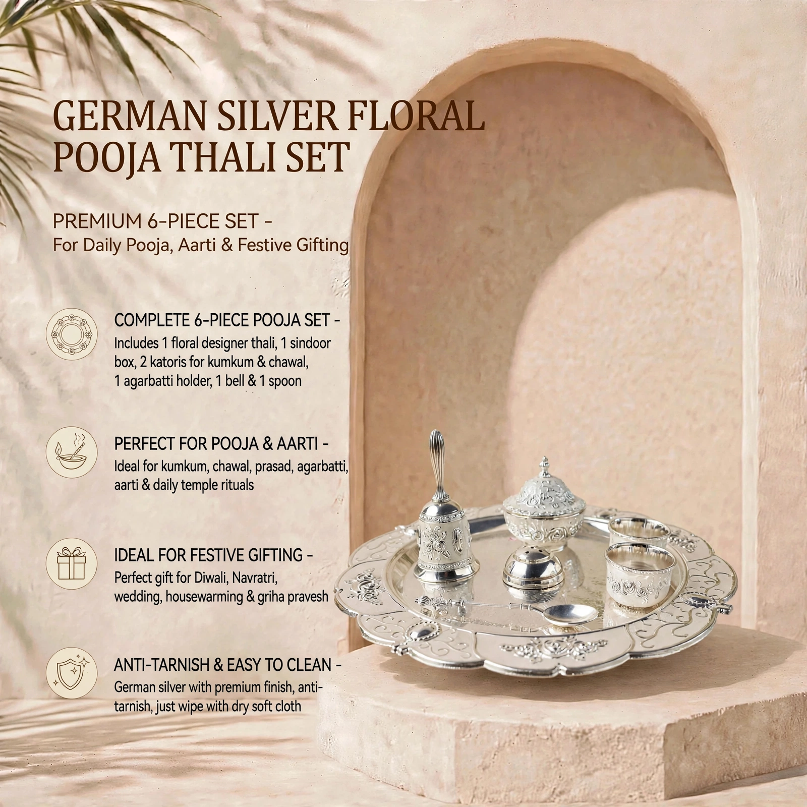 German Silver Pooja Thali Set - Premium German Silver Peacock & Floral Pooja Thali Set For Daily Pooja, Aarti & Festive Gifting - Image 3