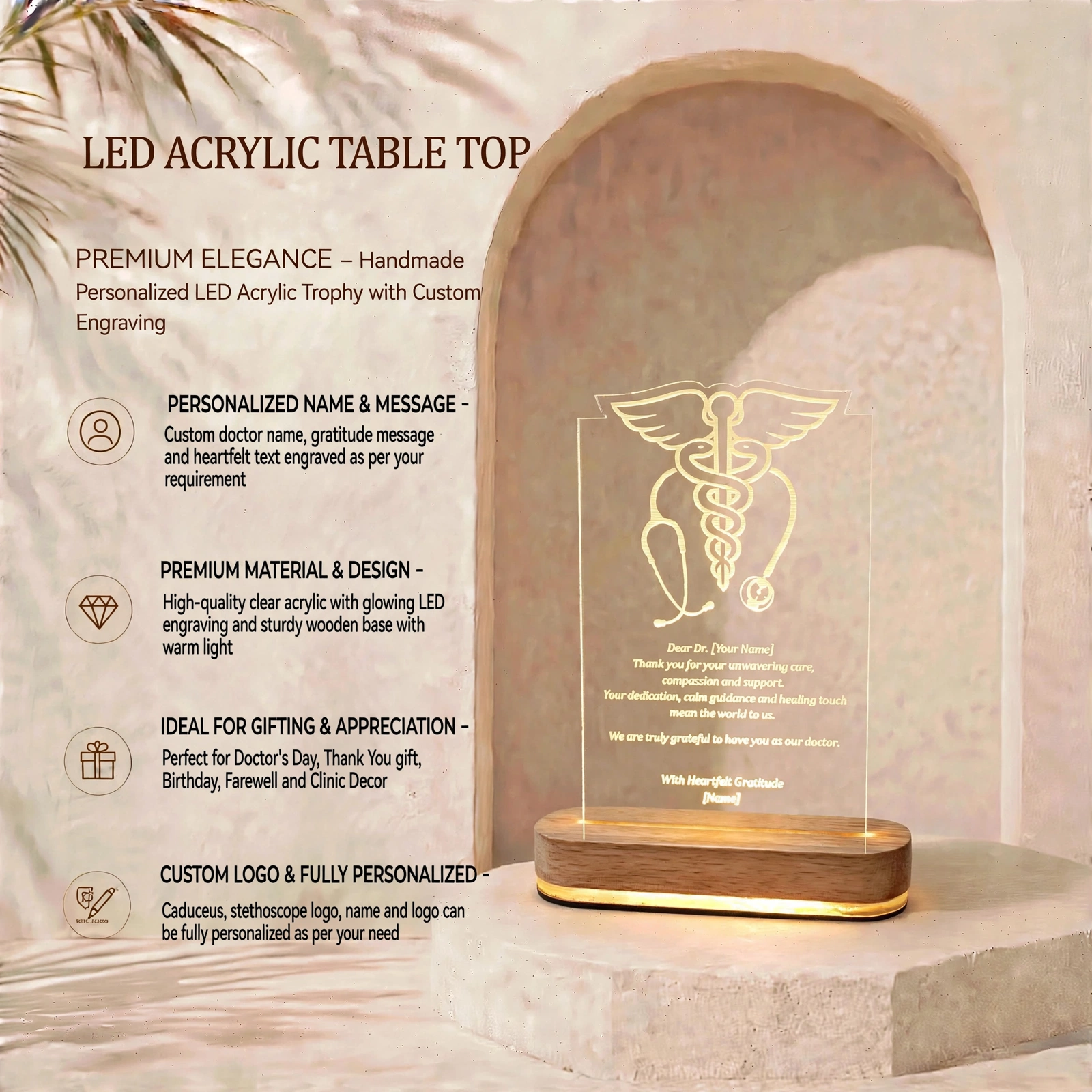 LED Acrylic Table Top - Premium Elegance Personalized LED Acrylic Trophy With Custom Engraving - Image 3