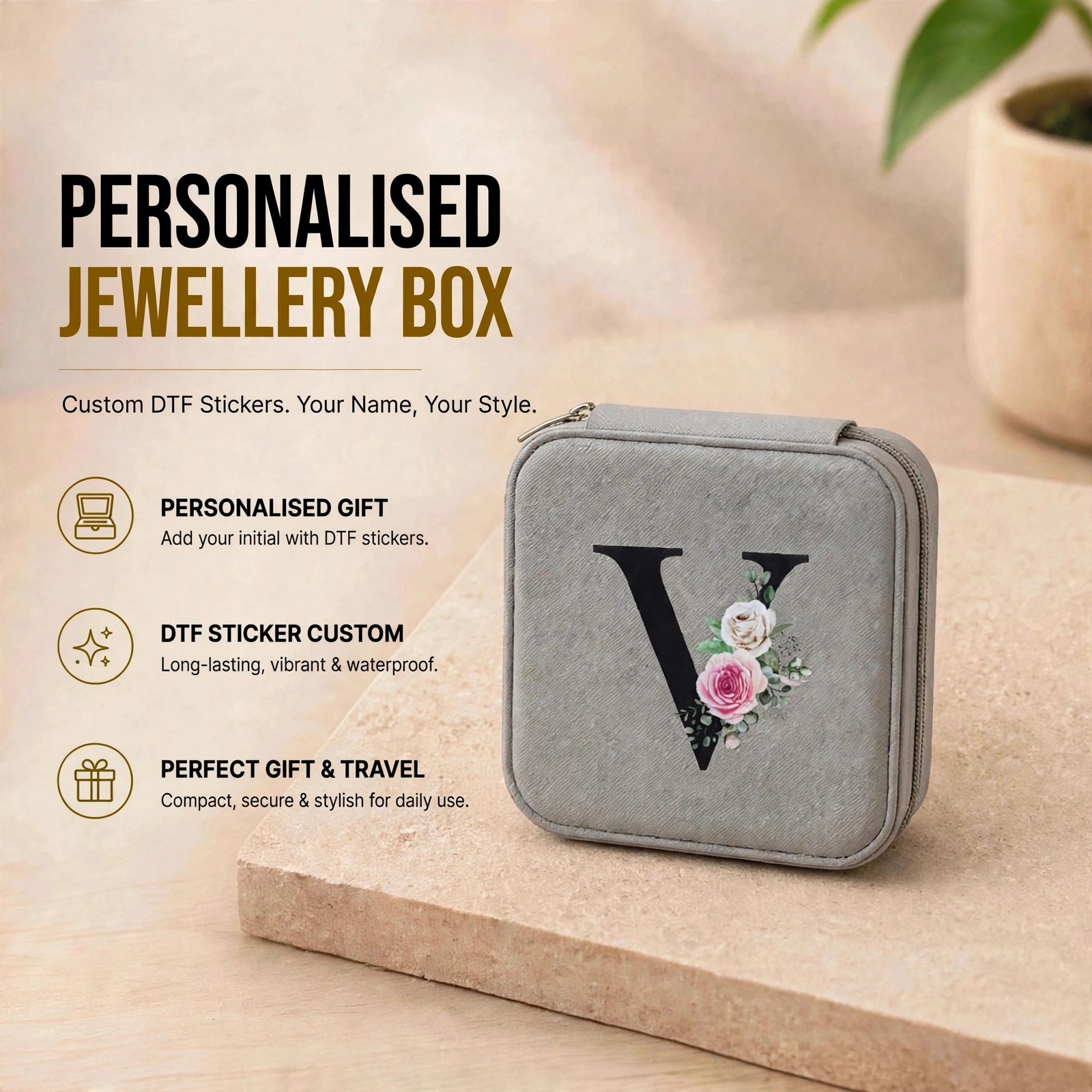 Personalised Jewellery Box With Custom DTF Initial - Compact Travel Jewellery Organizer Box With Name - Image 3