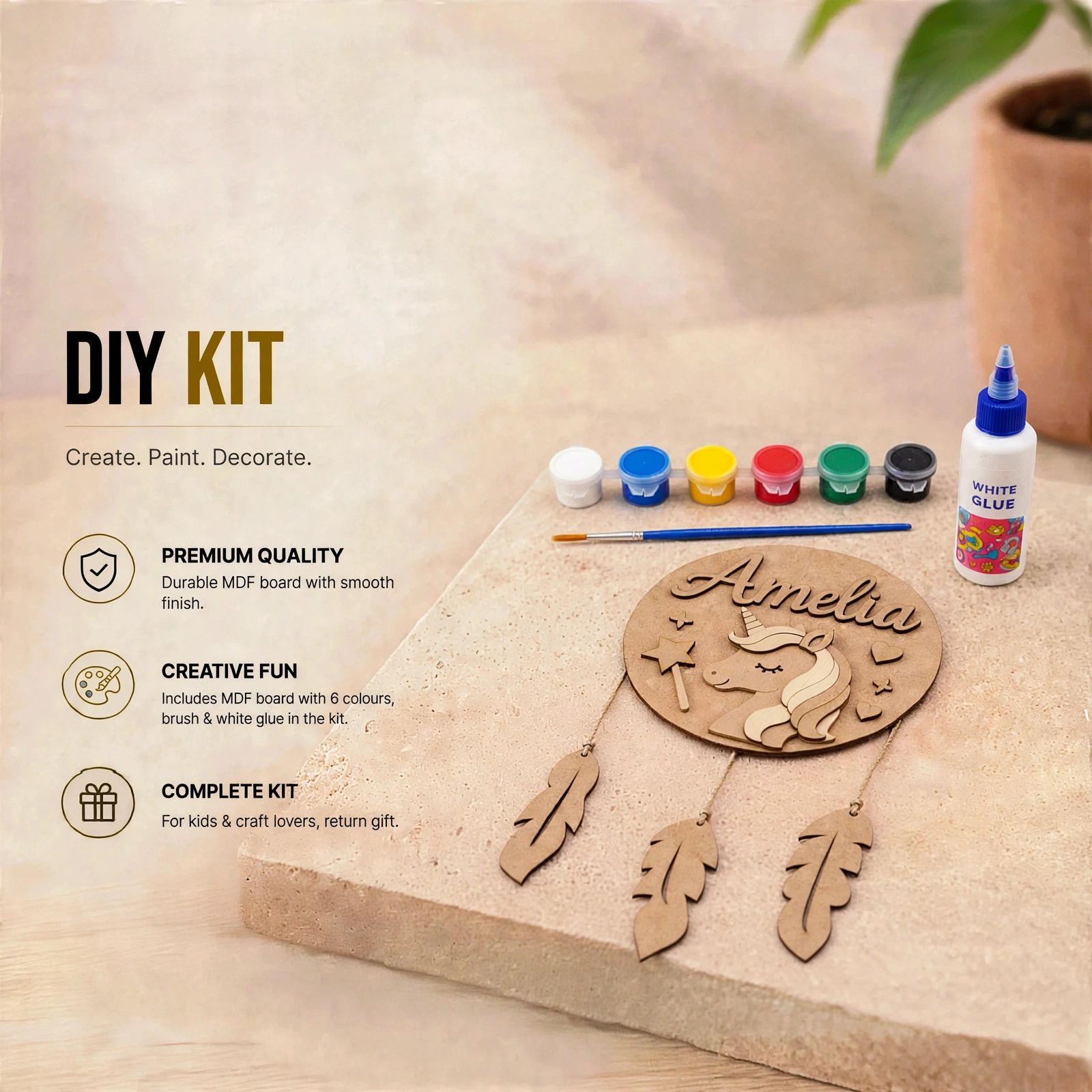 DIY Kit 6 Inch - Premium Personalized MDF Name Plate Painting Kit With Feather Hanging - Image 3