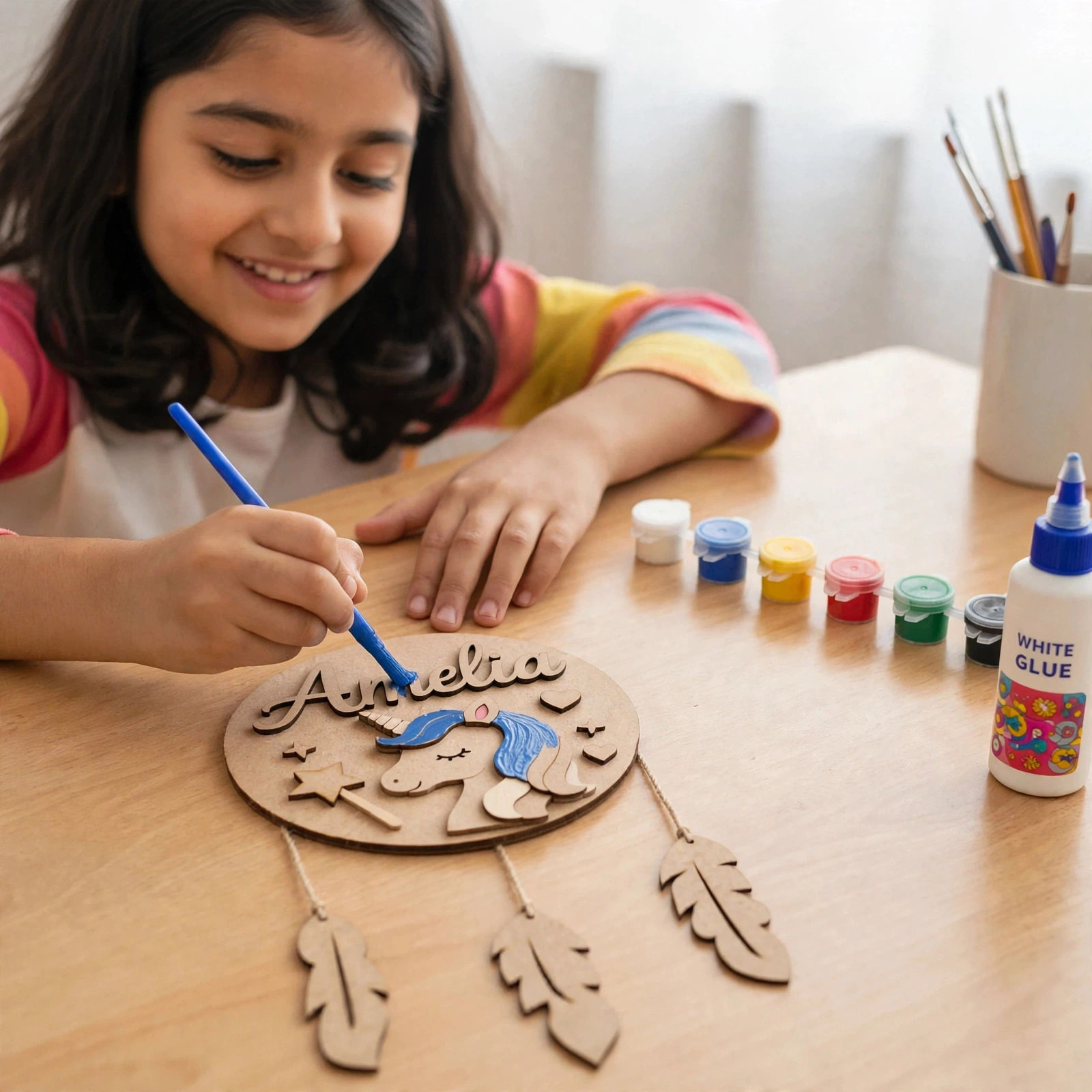 DIY Kit 6 Inch - Premium Personalized MDF Name Plate Painting Kit With Feather Hanging - Image 4