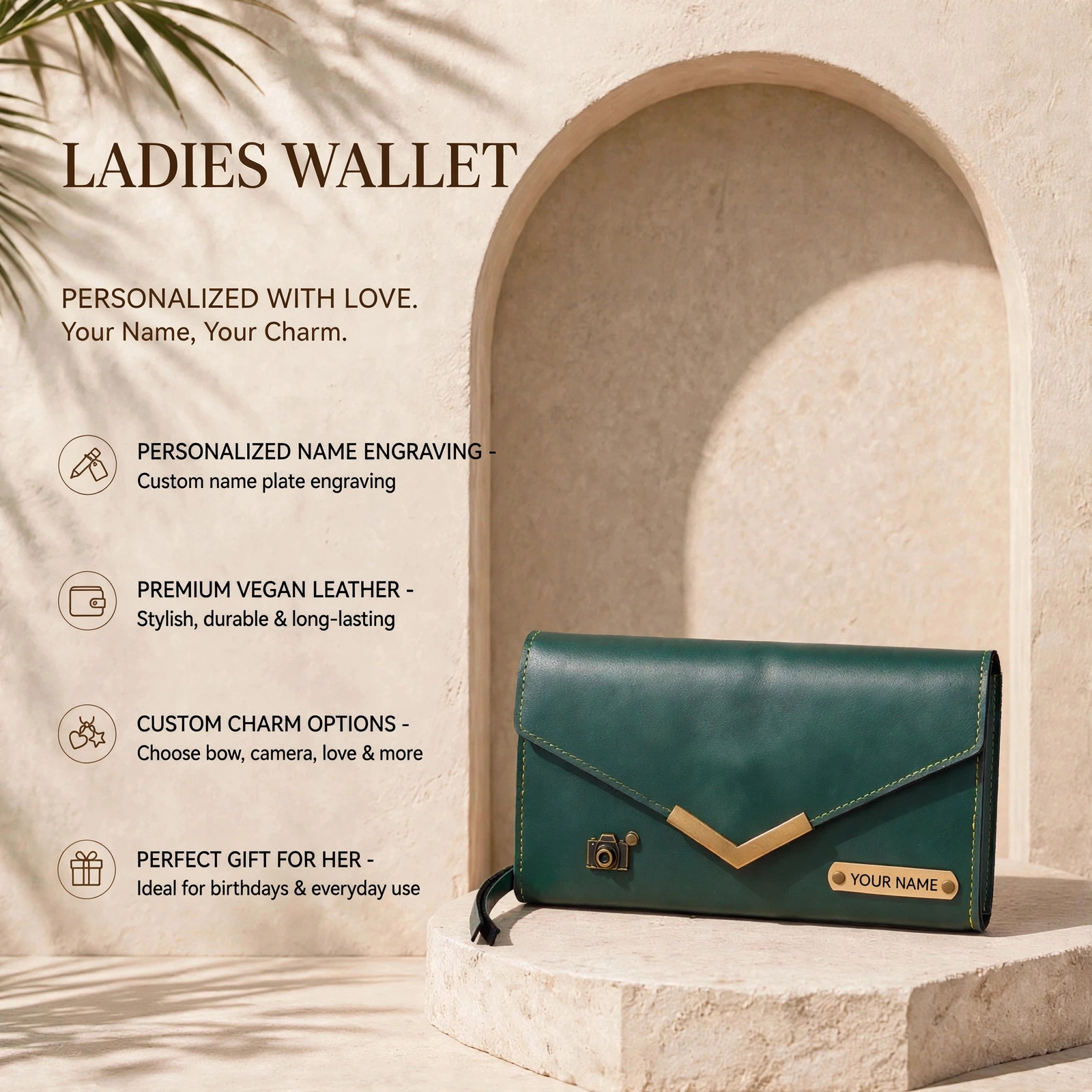 Personalised Ladies Wallet With Name Engraving - Custom Vegan Leather Clutch Wallet With Charm - Image 3