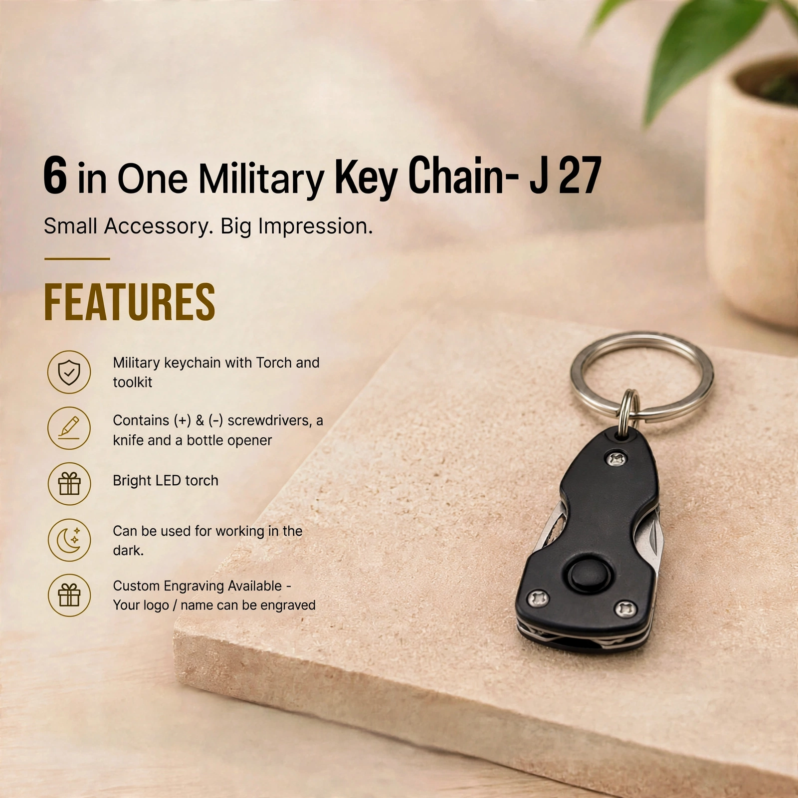 6 in One Military Key Chain - J 27 - Premium Military Multi Tool Keychain With LED Torch - Image 3