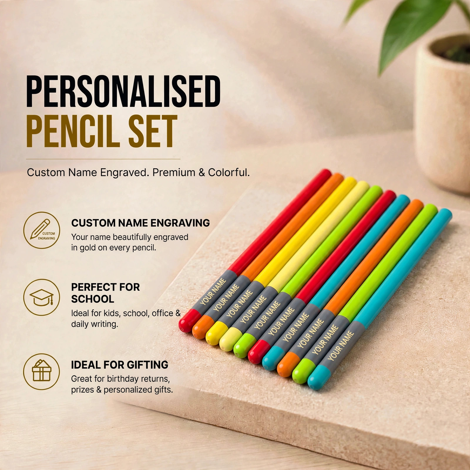 Personalised Pencil Set With Name Engraving - Custom 10 Pcs Colorful Pencil Set For Kids - Image 3