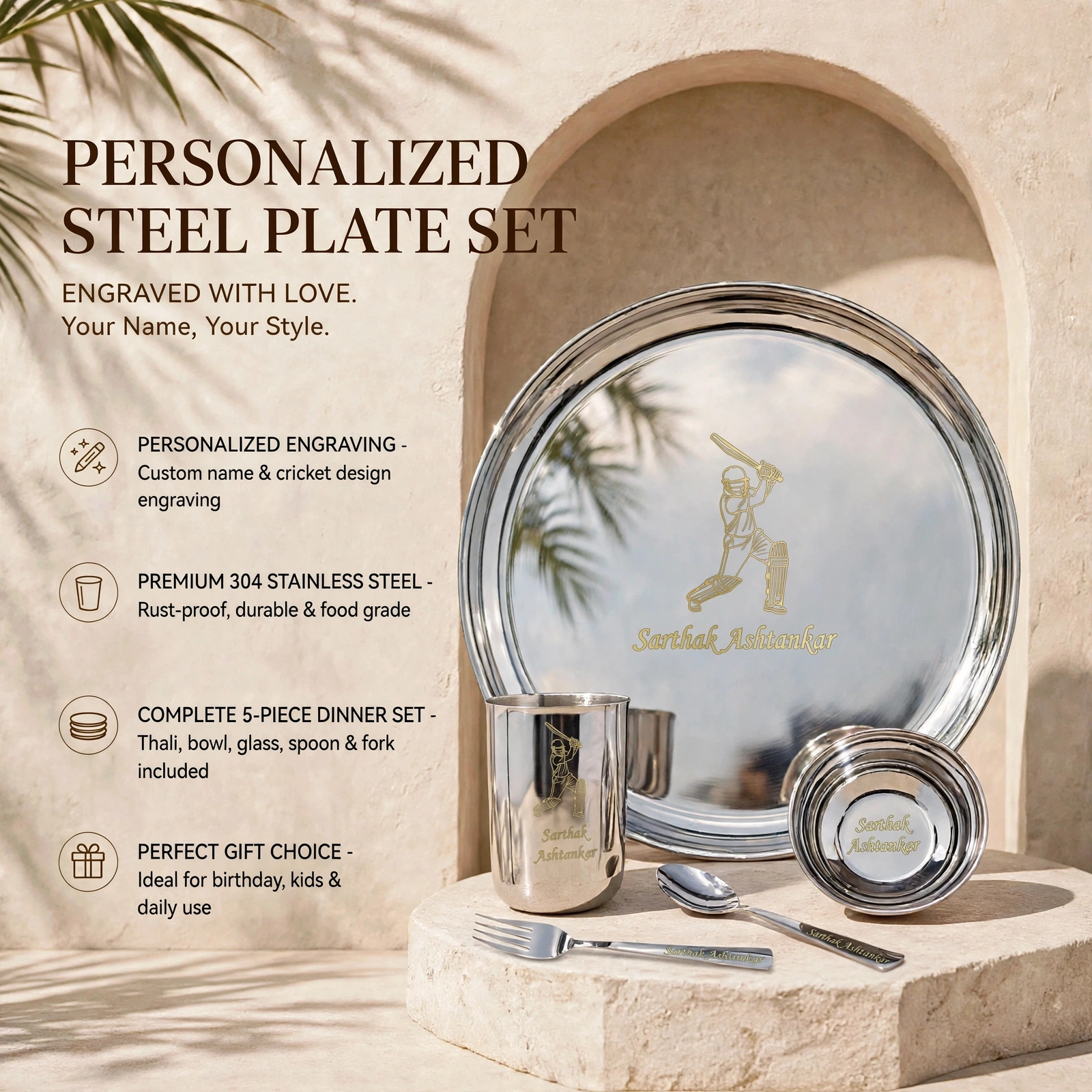 Personalized Steel Plate Set With Name Engraving - Custom 5 Pcs Dinner Set For Kids - Image 3