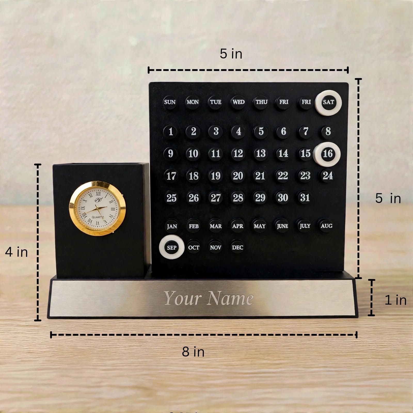 Personalized Table Topper With Name - Wooden Pen Stand With Clock and Perpetual Calendar for Office Desk - Image 2
