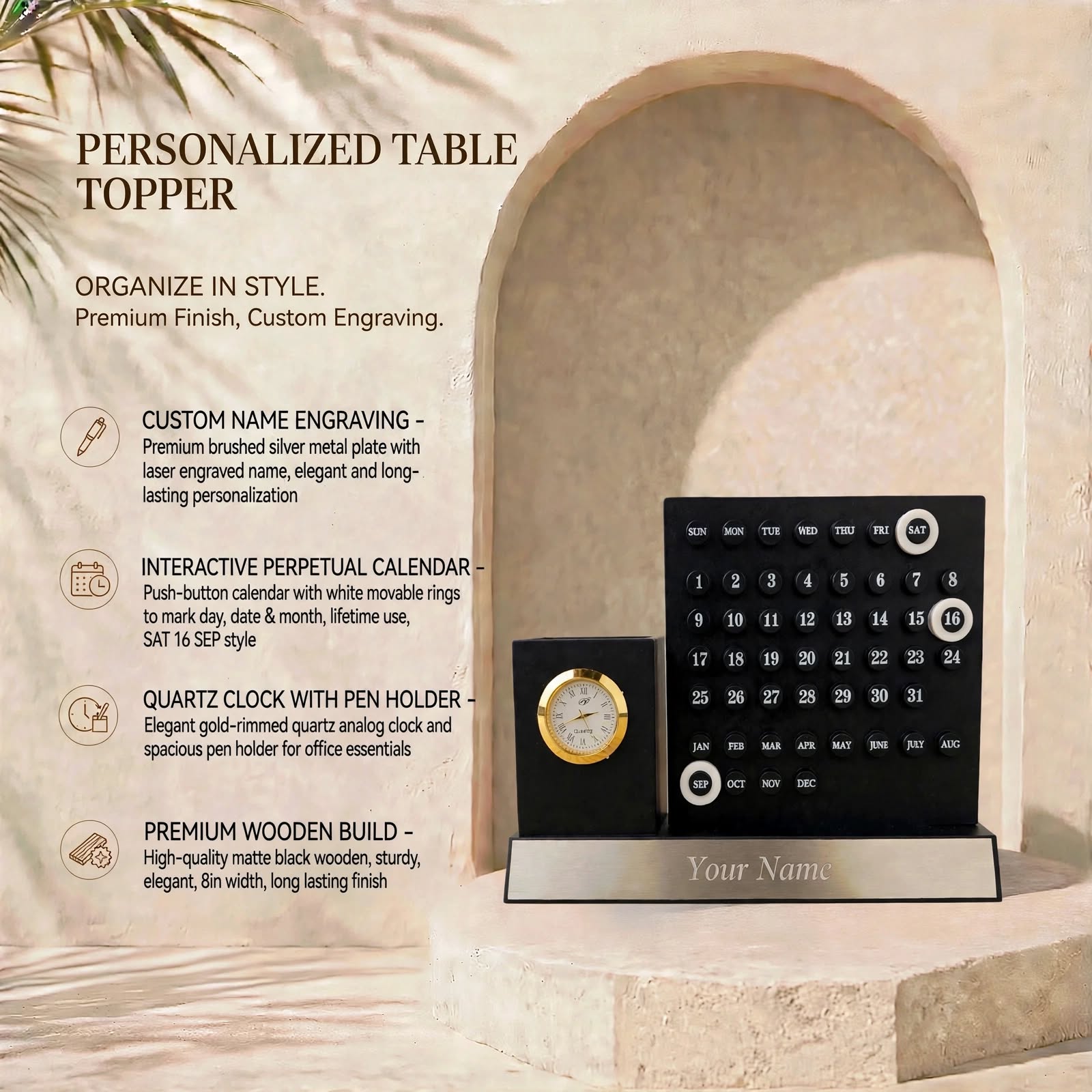 Personalized Table Topper With Name - Wooden Pen Stand With Clock and Perpetual Calendar for Office Desk - Image 3