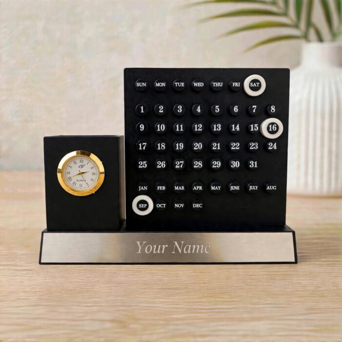 Personalized Table Topper With Name - Wooden Pen Stand With Clock and Perpetual Calendar for Office Desk