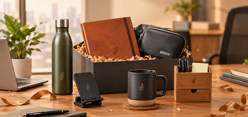 Corporate gifts under ₹500 for employees, including personalized mugs, bottles, diaries, phone stands, utility pouches and desk accessories