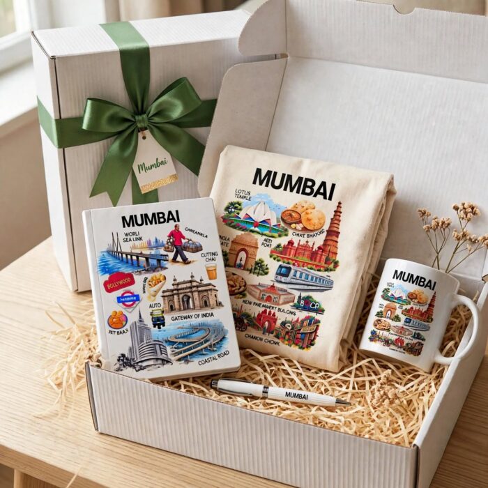 City Souvenir Gift Box - Canvas Tote Bag, A5 Diary, Ceramic Mug and Pen Gift Set with City Illustration