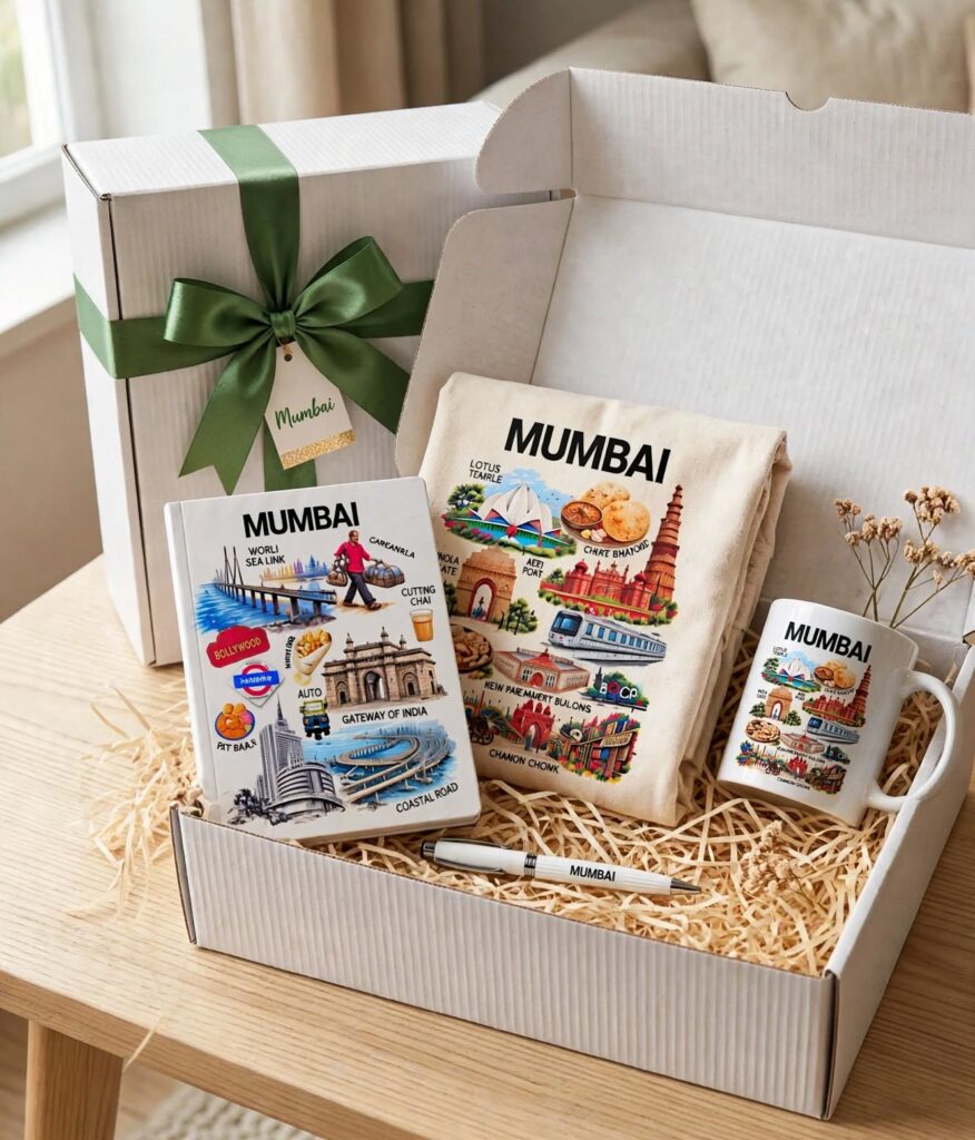 City Souvenir Gift Box – Canvas Tote Bag, A5 Diary, Ceramic Mug and Pen Gift Set with City Illustration