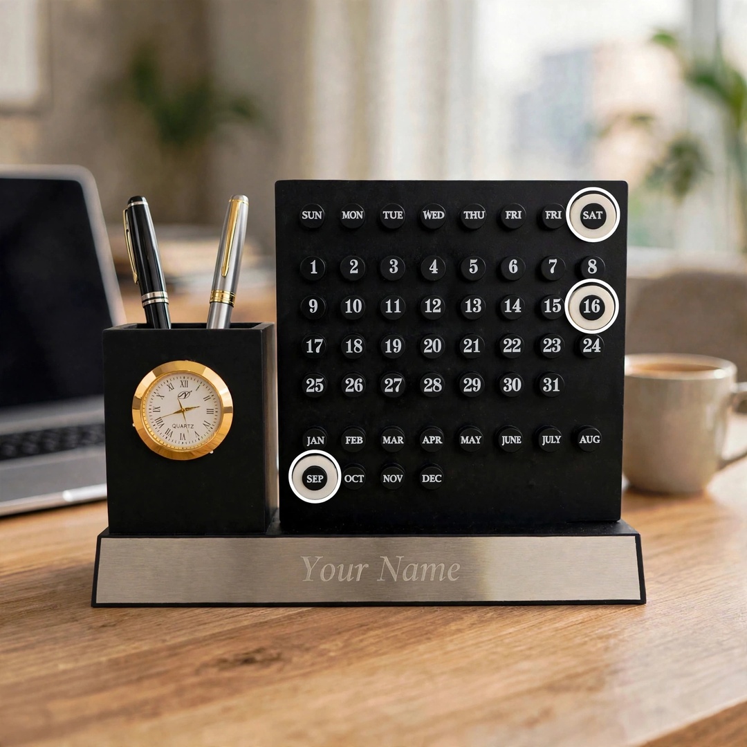 Personalized Table Topper With Name - Wooden Pen Stand With Clock and Perpetual Calendar for Office Desk - Image 4