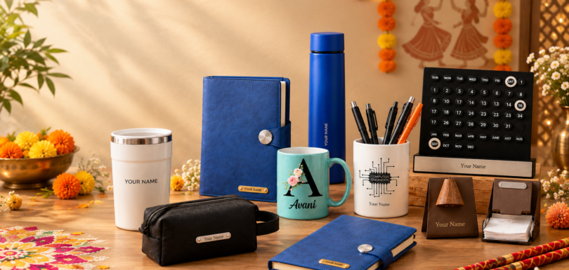 Personalized Navratri corporate gifts for employees and clients with diary, bottle, mug, pen holder and desk accessories.