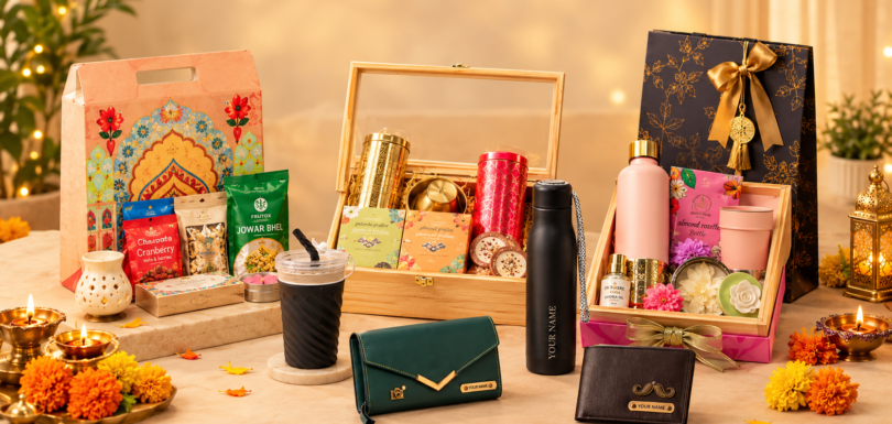 Diwali gift hampers with personalized tumblers, engraved water bottles, custom wallets, festive snacks, sweets, candles, and decorative gift boxes for thoughtful Diwali gifting in 2026.