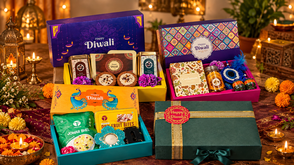 Four festive corporate Diwali gift hampers featuring colorful gift boxes, traditional sweets, dry fruit bites, snacks, and elegant green packaging, arranged closely together with glowing diyas and marigold flowers.