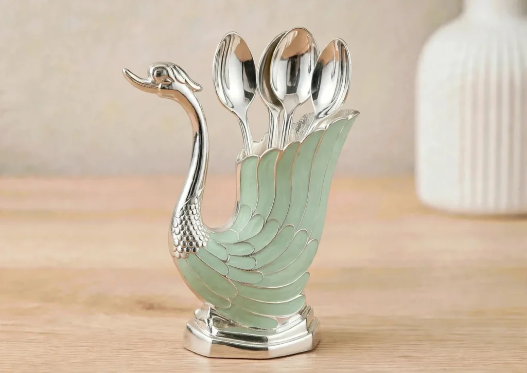 German silver swan spoon holder with 6 spoons for serving prasad and sweets