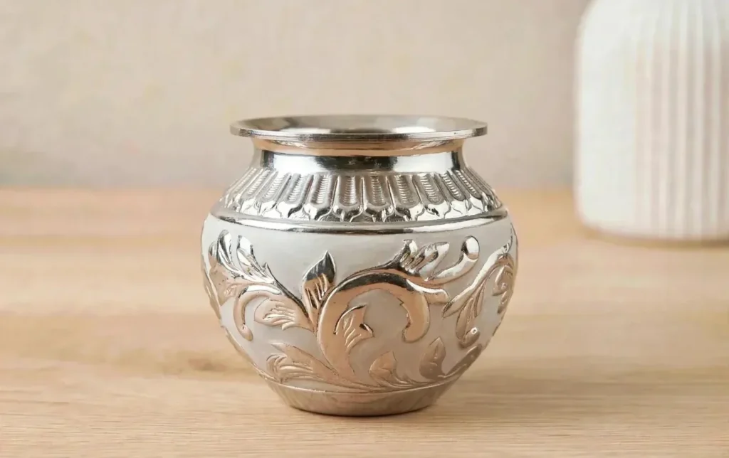 German silver pooja lota kalash with enamel work, a traditional Navratri pooja gift