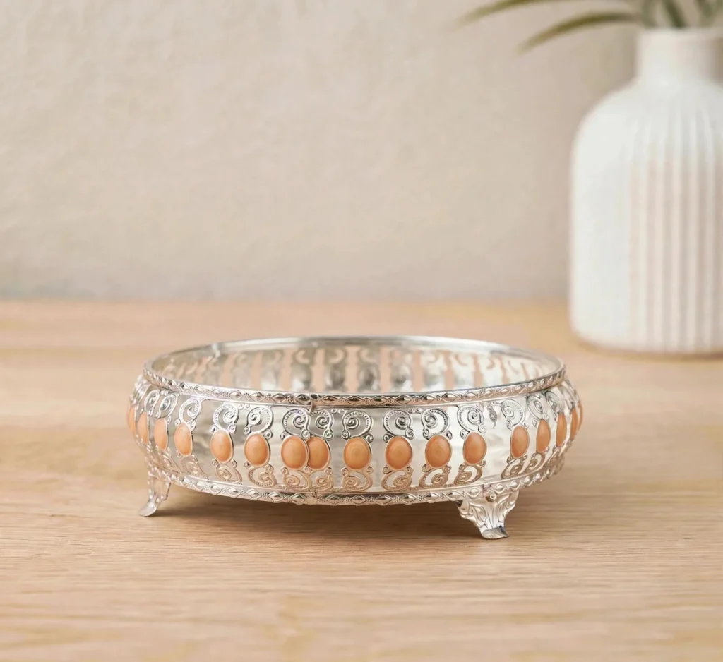 Traditional German silver thali tray with designer legs for Navratri pooja and bhog