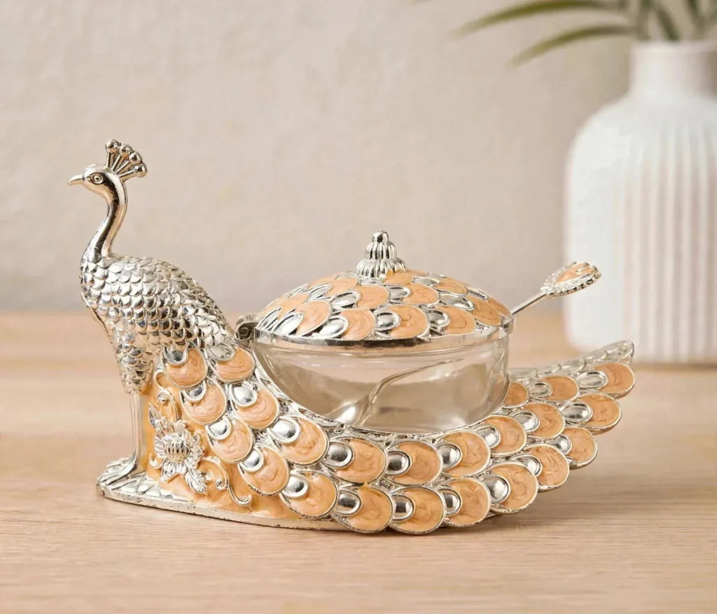 German silver royal serving bowl with designer legs for festive serving and Navratri gifting