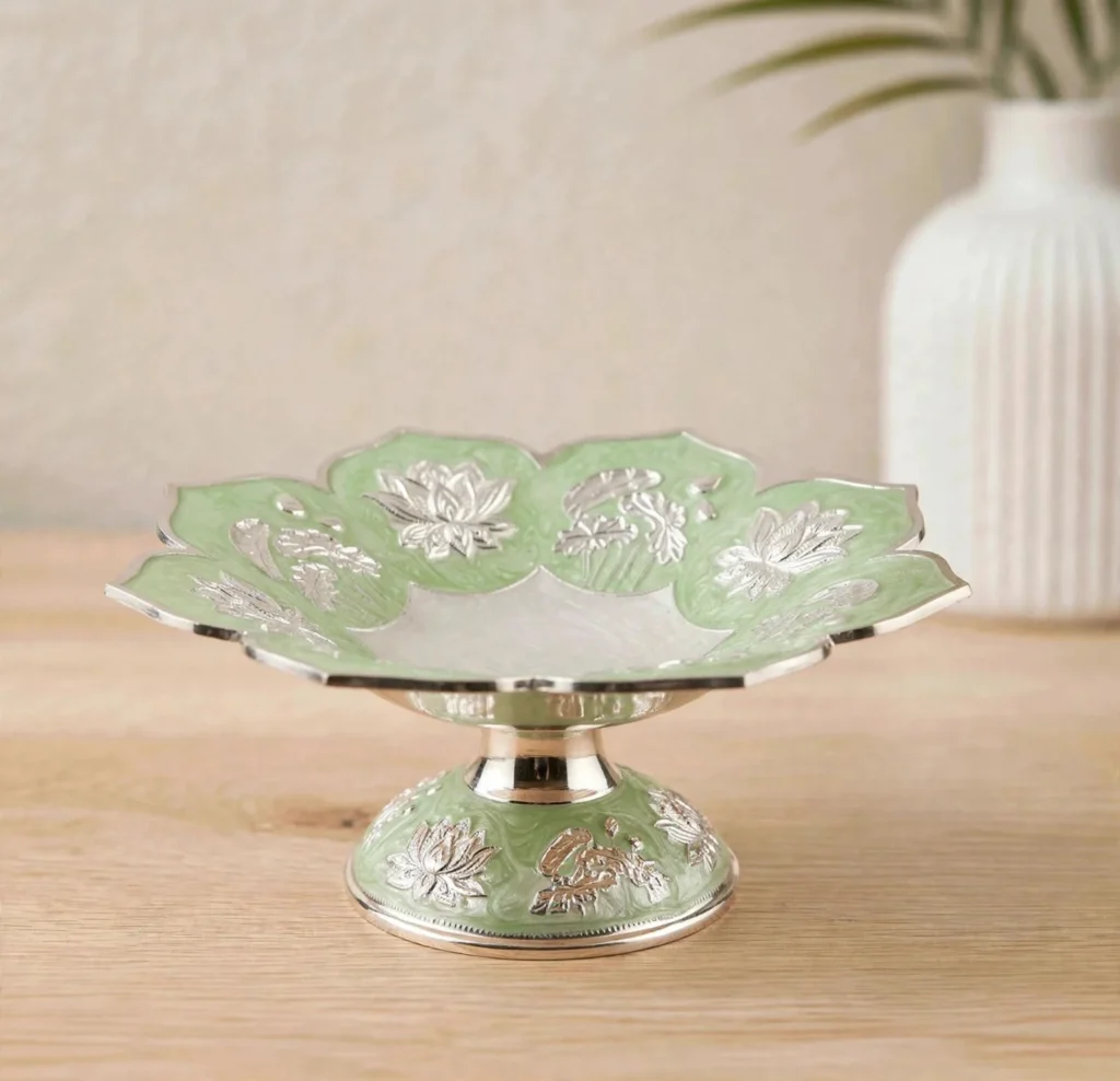 German silver lotus tray with pedestal base, a traditional festive gift for Navratri