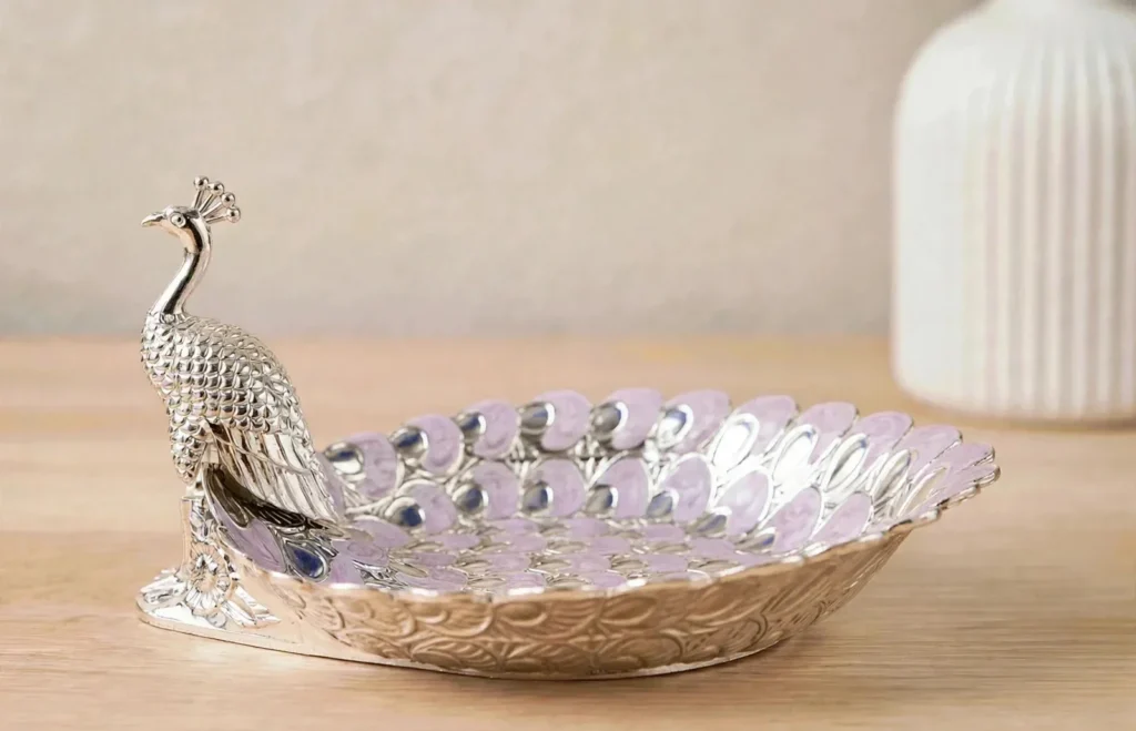 German silver peacock design tray for serving sweets, prasad and Navratri pooja gifting