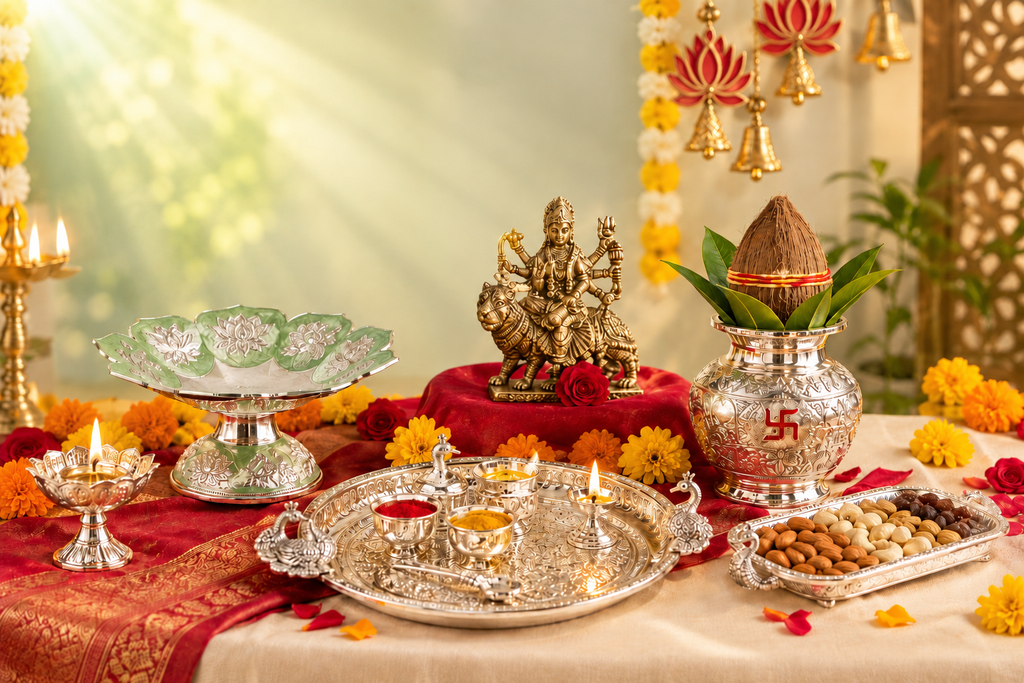 Traditional Navratri puja gifts with a goddess idol, silver thali, kalash, diyas, flowers, and dry fruits illuminated by soft green sunlight.