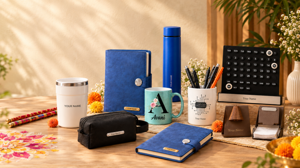 Navratri corporate gifting collection with personalized diary, bottle, mug, pen holder and desk accessories.