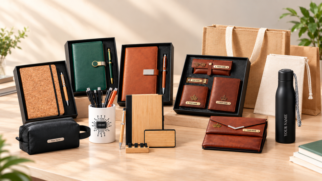 Personalized employee welcome kits with diaries, pens, leather accessories, a water bottle and gift bags.