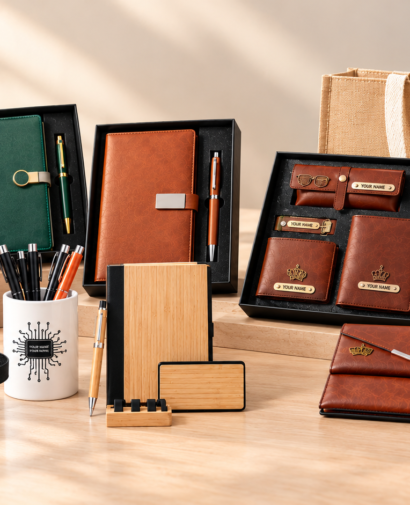 Personalized employee welcome kits with diaries, pens, leather accessories, a water bottle and gift bags.