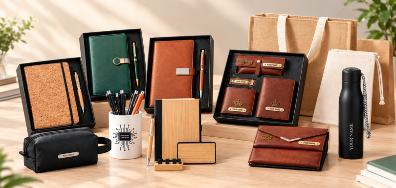 Personalized employee welcome kits with diaries, pens, leather accessories, a water bottle and gift bags.